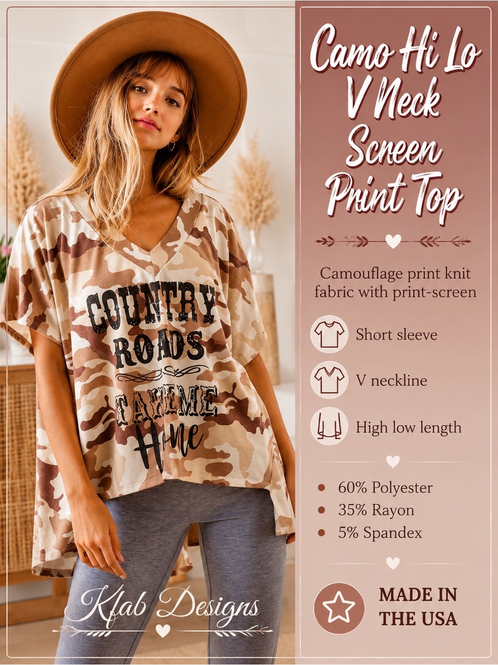 Camo Hi Lo V Neck Screen Print Top NEW